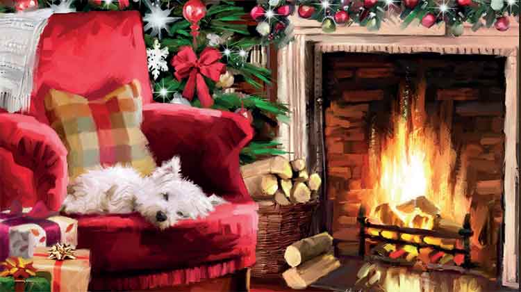 Westie dog dozing on red chair by Christmas tree and lit fireplace