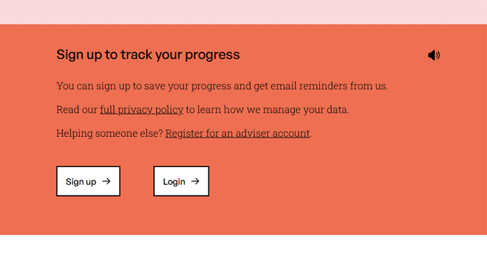 screenshot of the PIP Helper Homepage which shows the sign up and log in button and where you can register for an account