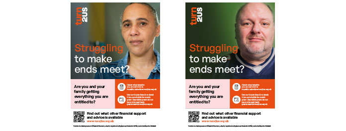 Struggling to make ends meet poster one with woman; struggling to make ends meet poster two with man)